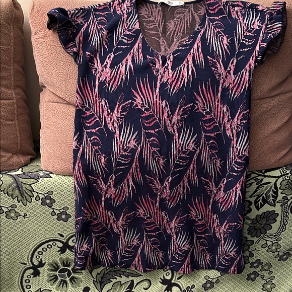 Mango Navy and Pink Leaf Print dress - Picture 1 of 3